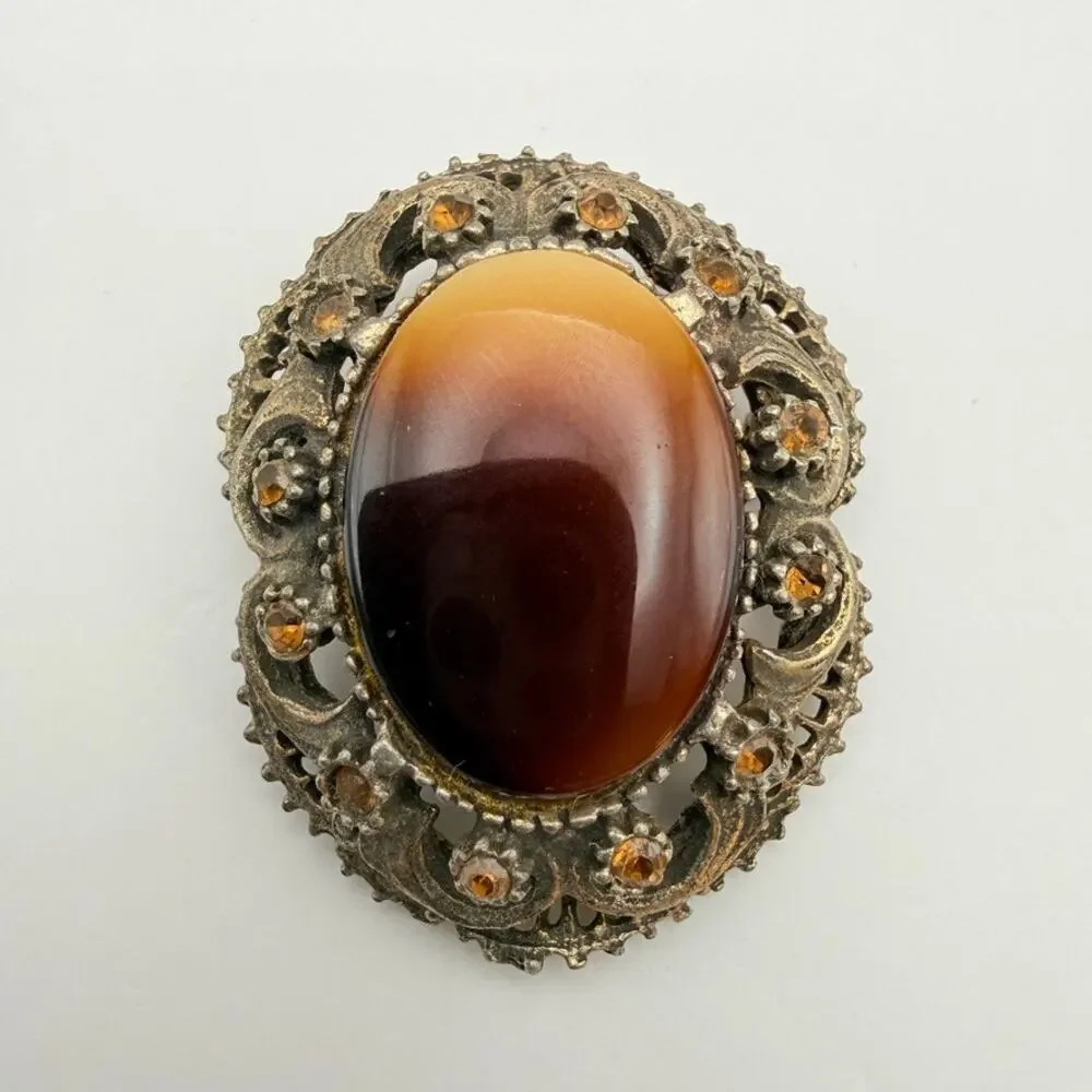 Vtg Mid Century Victorian Revival Oval Faux Tiger Eye Pot Metal Brooch Pendant